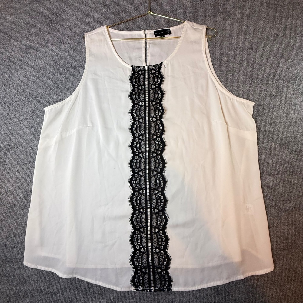 Ryan Wythe Womens 3X White Sleeveless Lace Trim Blouse Round Neck Shell Top
